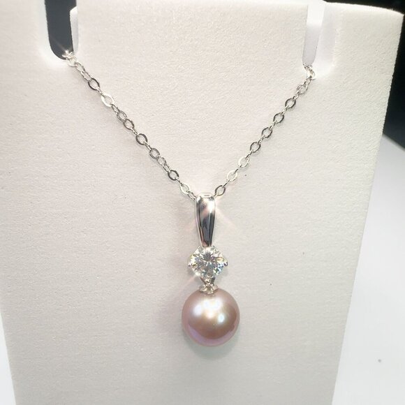 Pink Pearl & Moissanite Necklace 925 Sterling Silver Elegant Jewelry - Picture 5 of 16